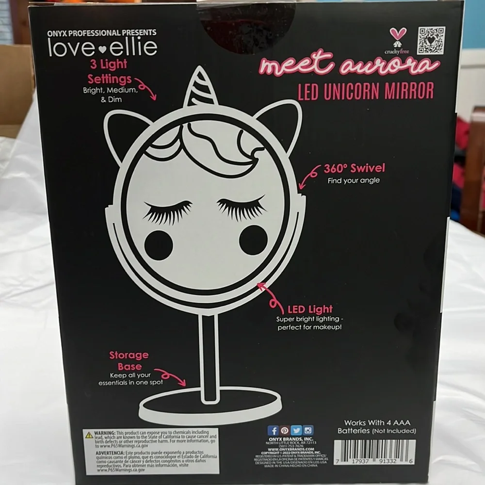 NIB LED light up Unicorn Mirror, USB power cable included, works with AAA too